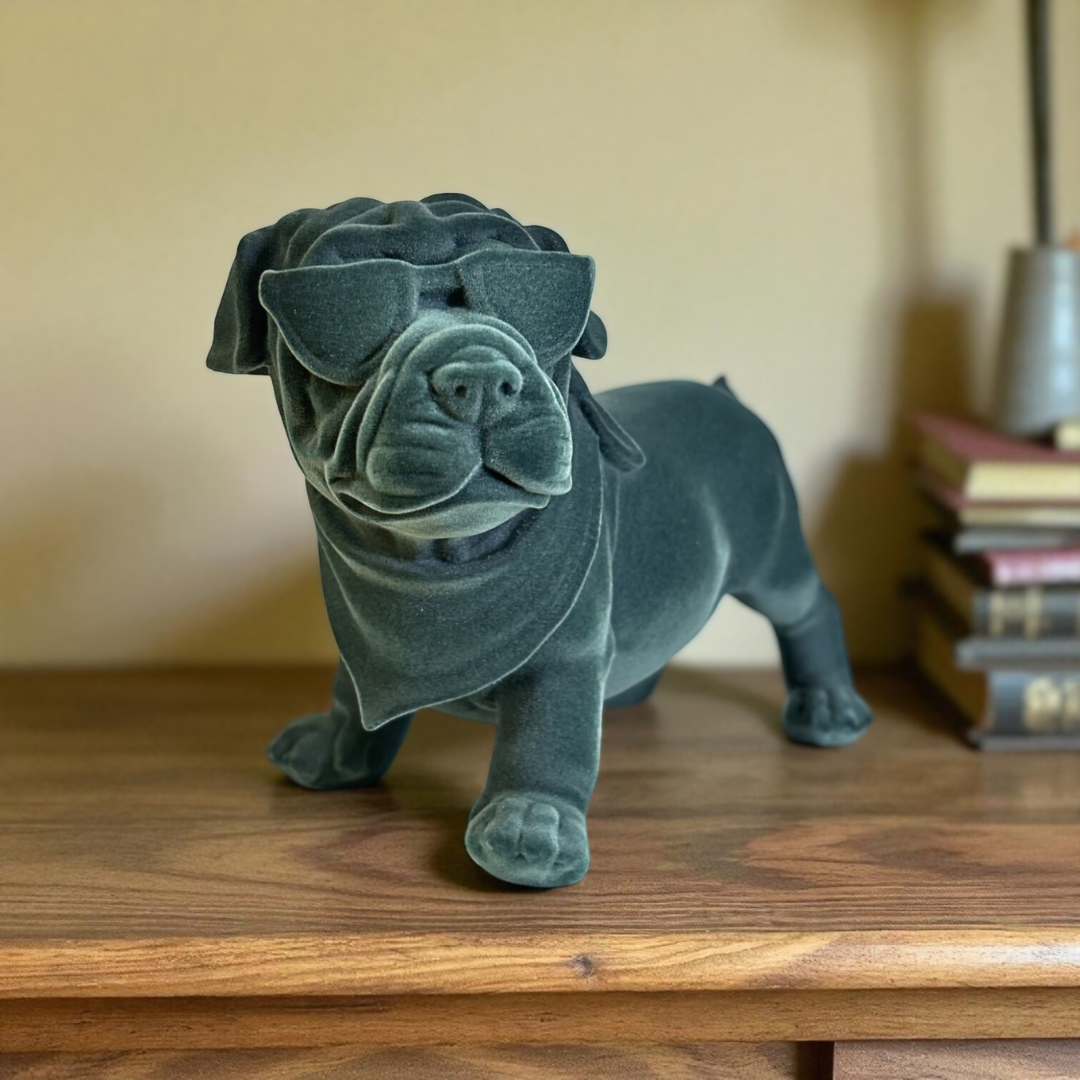 Velvet Finish Dapper Pup Resin Sculpture (Electric Grey)