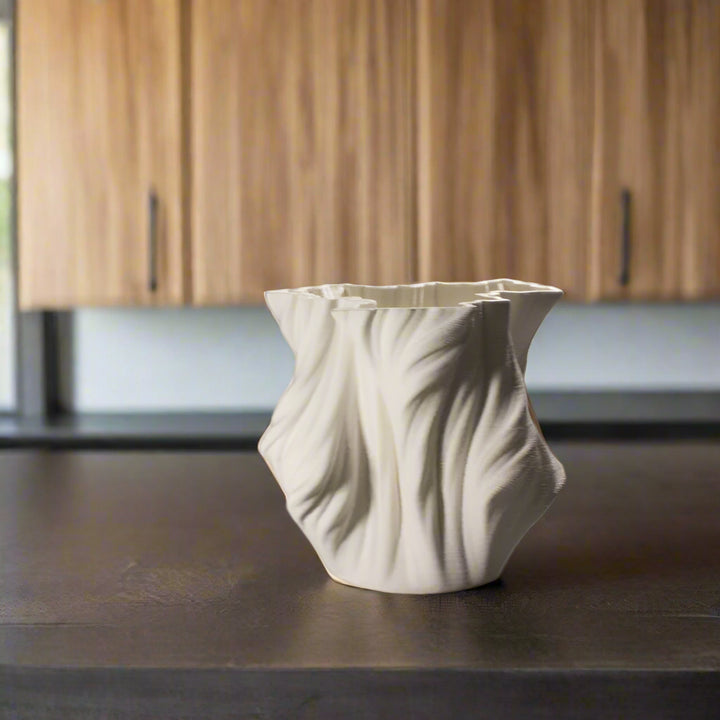 3D Printed White Ceramic Crumpled Vase
