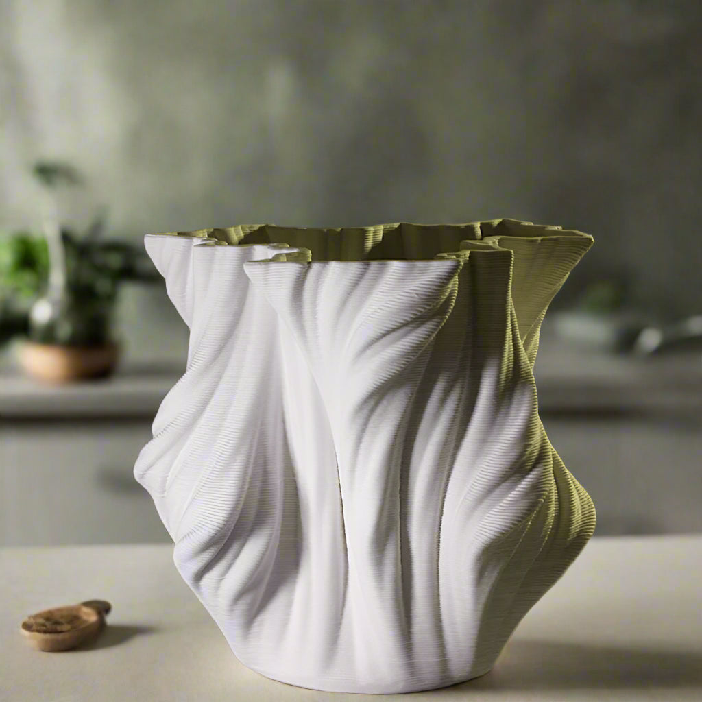 3D Printed White Ceramic Crumpled Vase