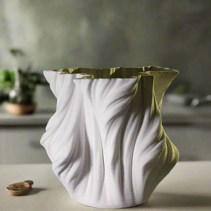 3D Printed White Ceramic Crumpled Vase