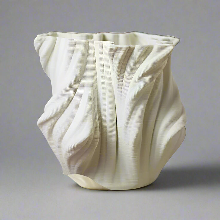 3D Printed White Ceramic Crumpled Vase