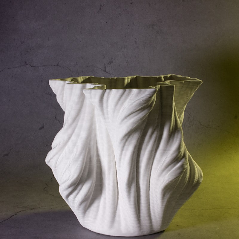 3D Printed White Ceramic Crumpled Vase