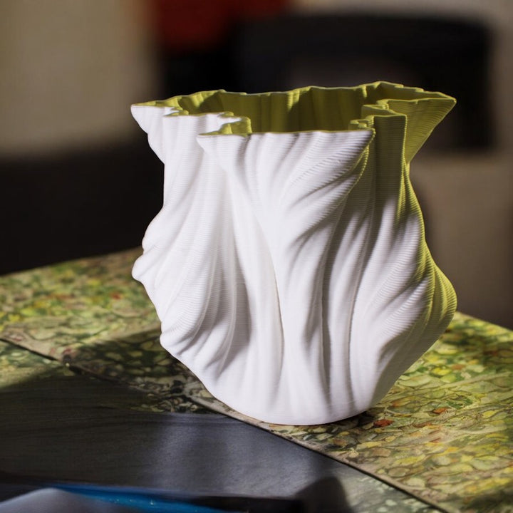 3D Printed White Ceramic Crumpled Vase