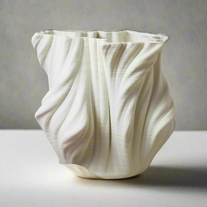 3D Printed White Ceramic Crumpled Vase