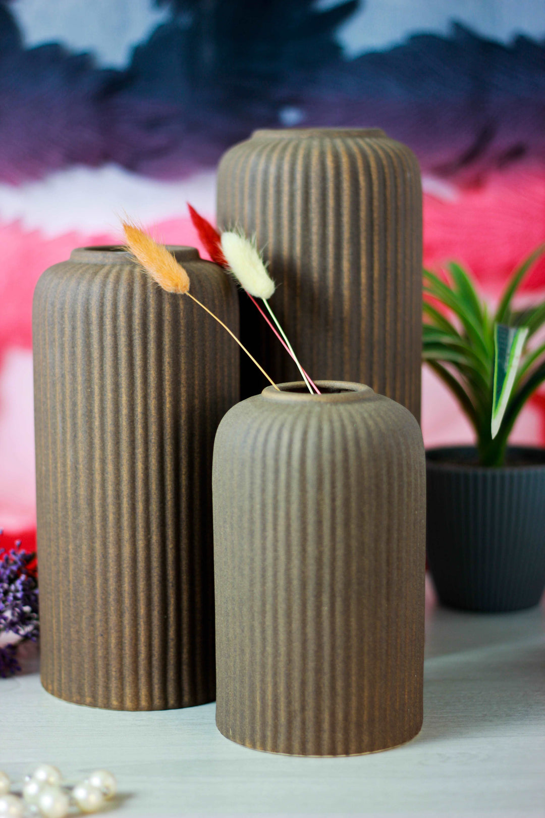 Contemporary Ribbed - Set of 3 Vases