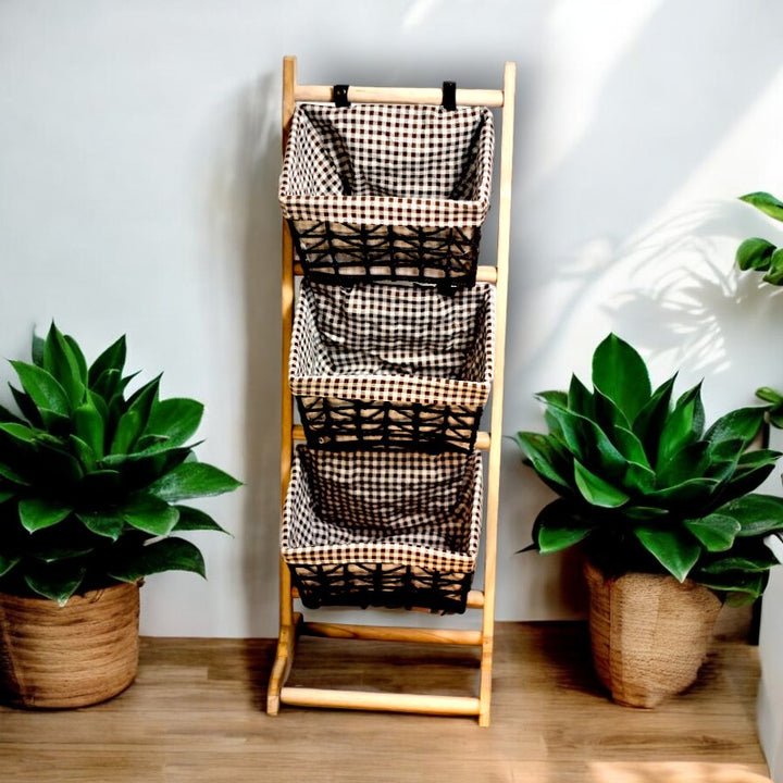 3-Tier Natural Woven Rack - Checkered Brown